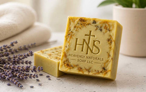 Calendula Soapbar in golden cream with dried botanicals and an embossed Heavenly Naturals logo, beside a second bar