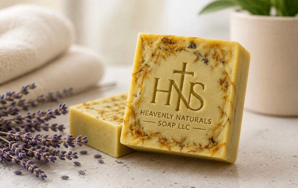 Calendula Soapbar in golden cream with dried botanicals and an embossed Heavenly Naturals logo, beside a second bar