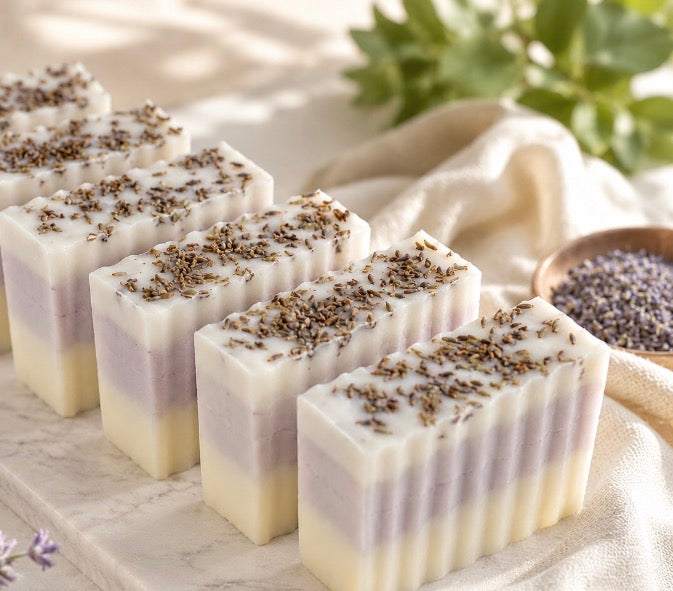 Collagen soap bars in cream and pale lavender layers, topped with dried lavender buds in a ridged shape