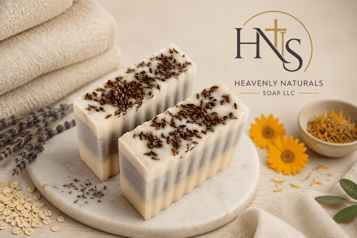 Collagen soap bars in cream and pale lavender layers, topped with dried botanicals and lavender buds