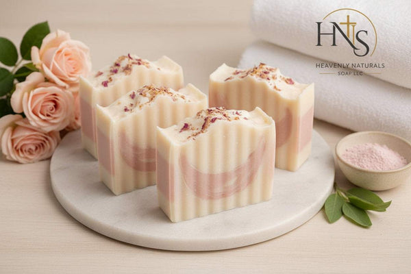Collagen soap bars in cream and dusty pink layers, topped with dried flower petals and shaped with fluted sides