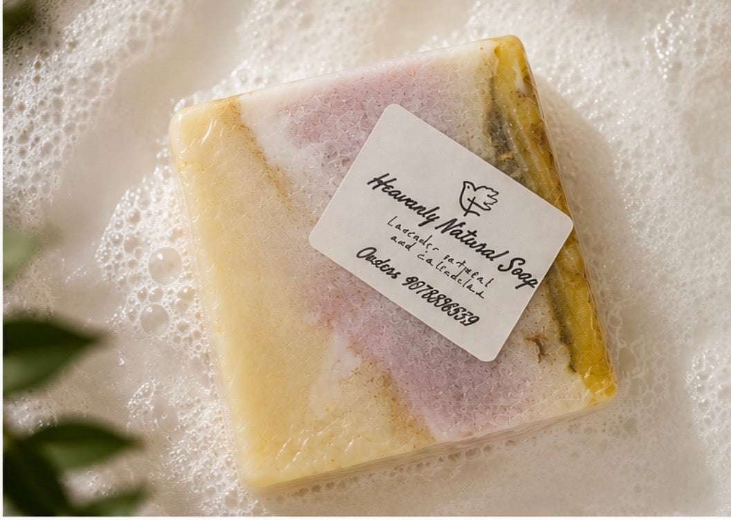 Lavender Oatmeal and Calendula soap bar in cream and yellow tones with pink marbling and a paper label