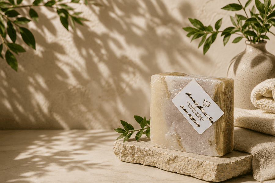 Lavender Oatmeal and Calendula soap bar in cream, pink, and yellow tones with a marbled, handcrafted appearance