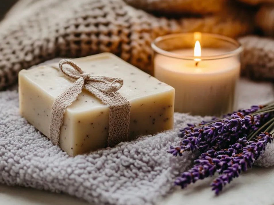 Oatmeal Scrub Soapbar in a cream-colored rectangular bar with visible speckles, wrapped in natural woven fabric and twine