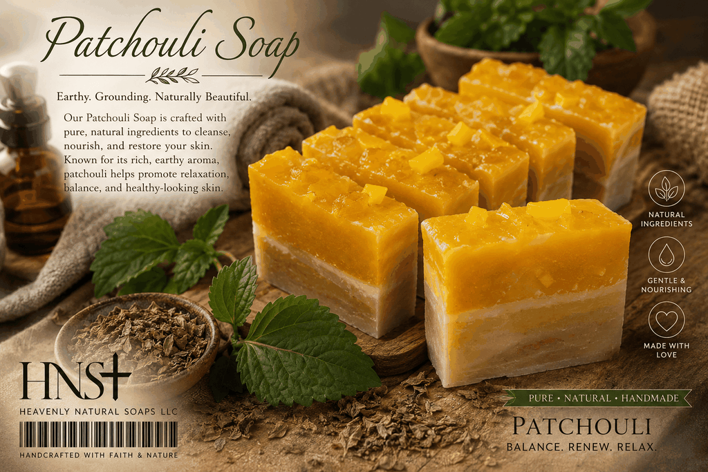 Patchouli Soapbar in golden orange and cream layers, with a textured top and visible specks of oatmeal and botanicals