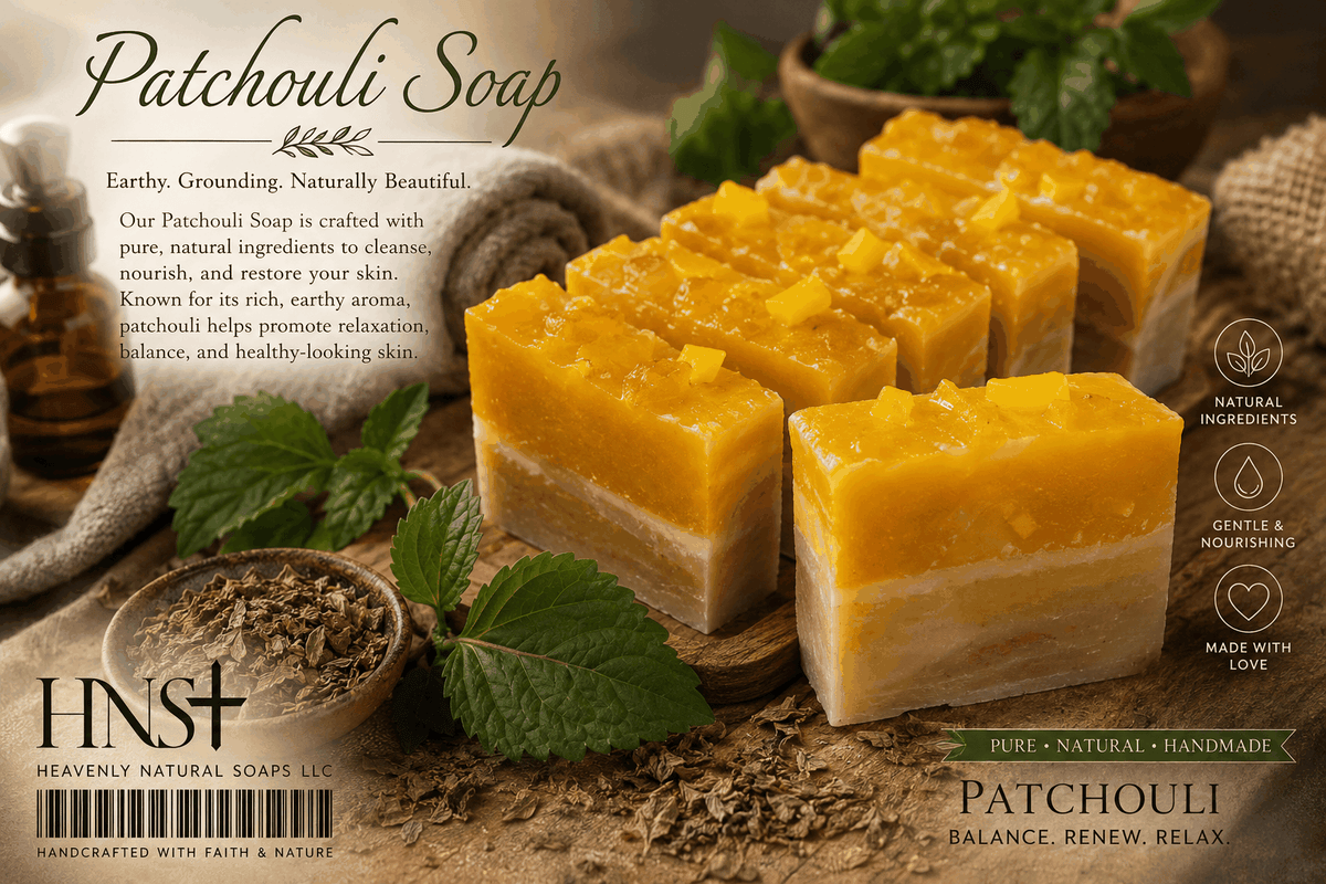 Patchouli Soapbar in golden orange and cream layers, with a textured top and visible specks of oatmeal and botanicals