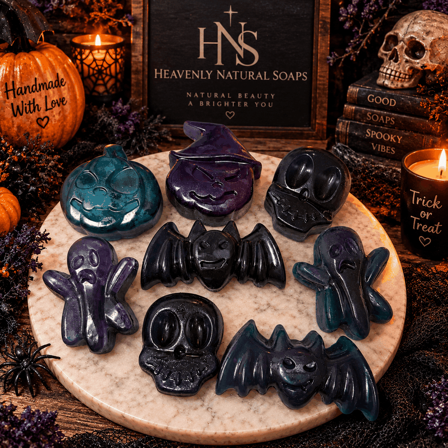 Pick & Match Gift Bag with colorful molded soaps shaped like skulls, bats and a ghost, in teal, purple and black