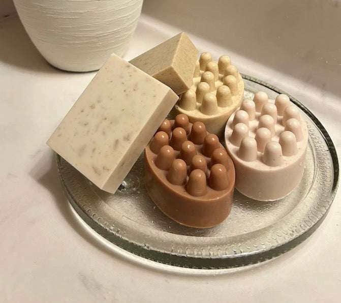 Pick & Match Gift Bag with assorted cream, tan and brown soaps, including rectangular bars and textured round bars