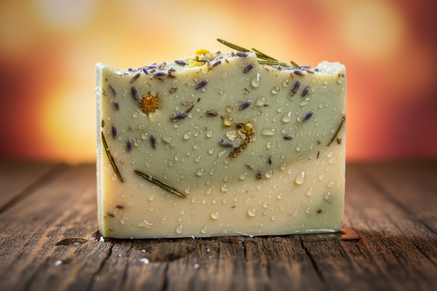 Pick & Match Gift Bag featuring a cream handmade soap bar with purple petals, yellow flower pieces and green herbs
