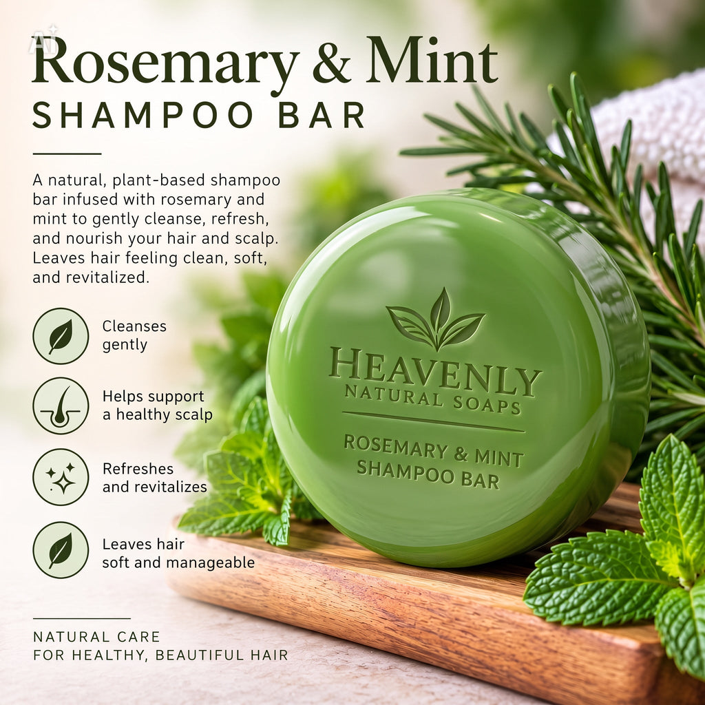 Rosemary Mint Shampoo Bar in a round green solid form, labeled with rosemary and mint, beside fresh herb leaves