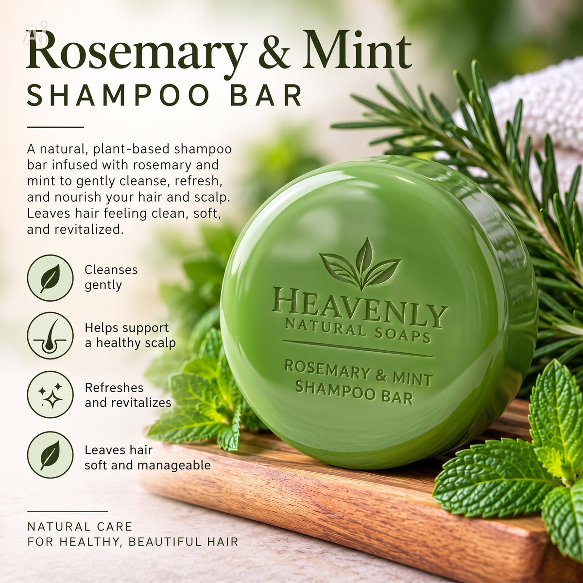 Rosemary Mint Shampoo Bar in a round green solid form, labeled with rosemary and mint, beside fresh herb leaves