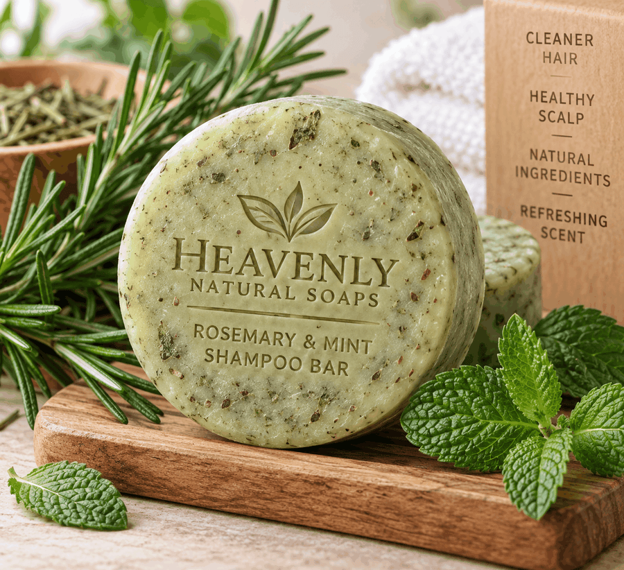 Rosemary Mint Shampoo Bar, a round pale green herbal soap with visible botanical flecks and an embossed label